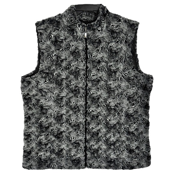 NEW JM Collection Faux Fur Vest Size XL Black Grey Swirl‎ Zebra Plush Mob Wife - Picture 1 of 10
